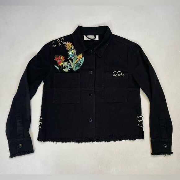 Rapsodia Embroidered Flowers Denim Shirt Jacket Women XS Black Snap Lightweight - Picture 1 of 7